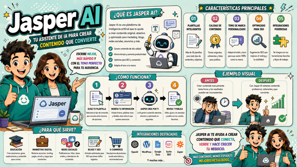 Jasper AI es la plataforma de Inteligencia Artificial para equipos de marketing corporativo que permite estructurar campañas publicitarias completas