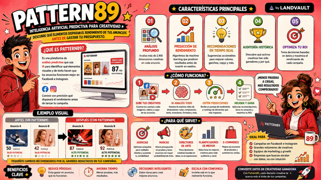 Pattern89 es una herramienta de análisis predictivo diseñada específicamente para descifrar qué elementos visuales y de texto disparan el rendimiento de los anuncios publicitarios.