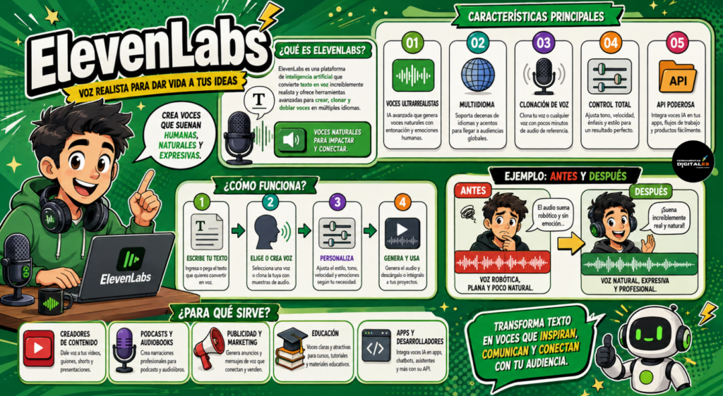 ElevenLabs una de las plataformas mas  conocidas para el uso der audio con IA