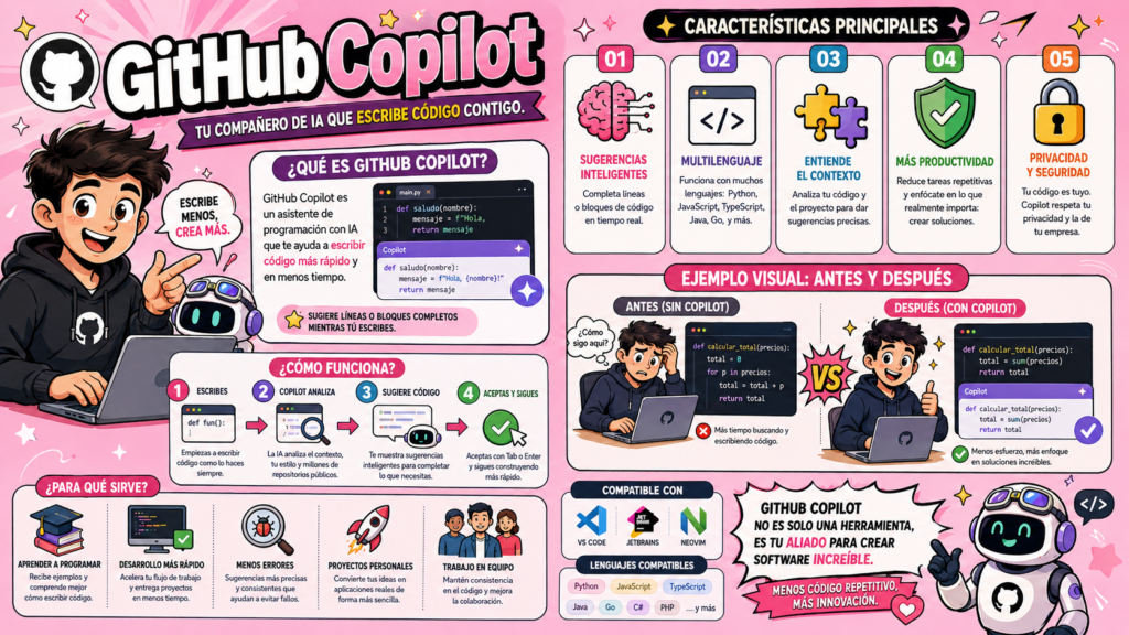 GitHub Copilot es una herramienta IA q actúa como programador y editor de código.