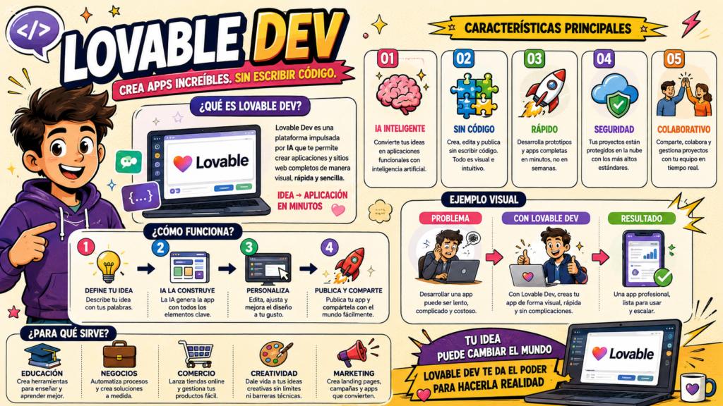 Lovable Dev es una plataforma impulsada por IA para la creación de aplicaciones ys sitios webs.