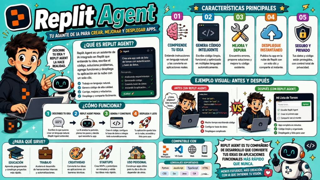Replit Agent utiliza IA para construir, configurar el entorno de ejecución, depurar y desplegar aplicaciones web directamente desde el navegador.