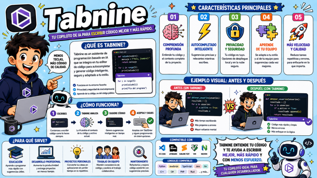 Tabnine, plataforma IA de autocompletado de código orientada especialmente a entornos corporativos que exigen estricta privacidad de datos.