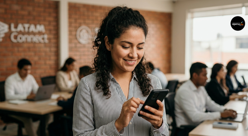 Muestra a una profesional joven, auténtica y concentrada, interactuando con su smartphone en un espacio de coworking moderno y luminoso. La luz natural y el entorno de colaboración sutil (incluyendo una vista lejana de La Perla) evocan una conexión profesional genuina, ideal para invitar a los lectores a explorar la guía.